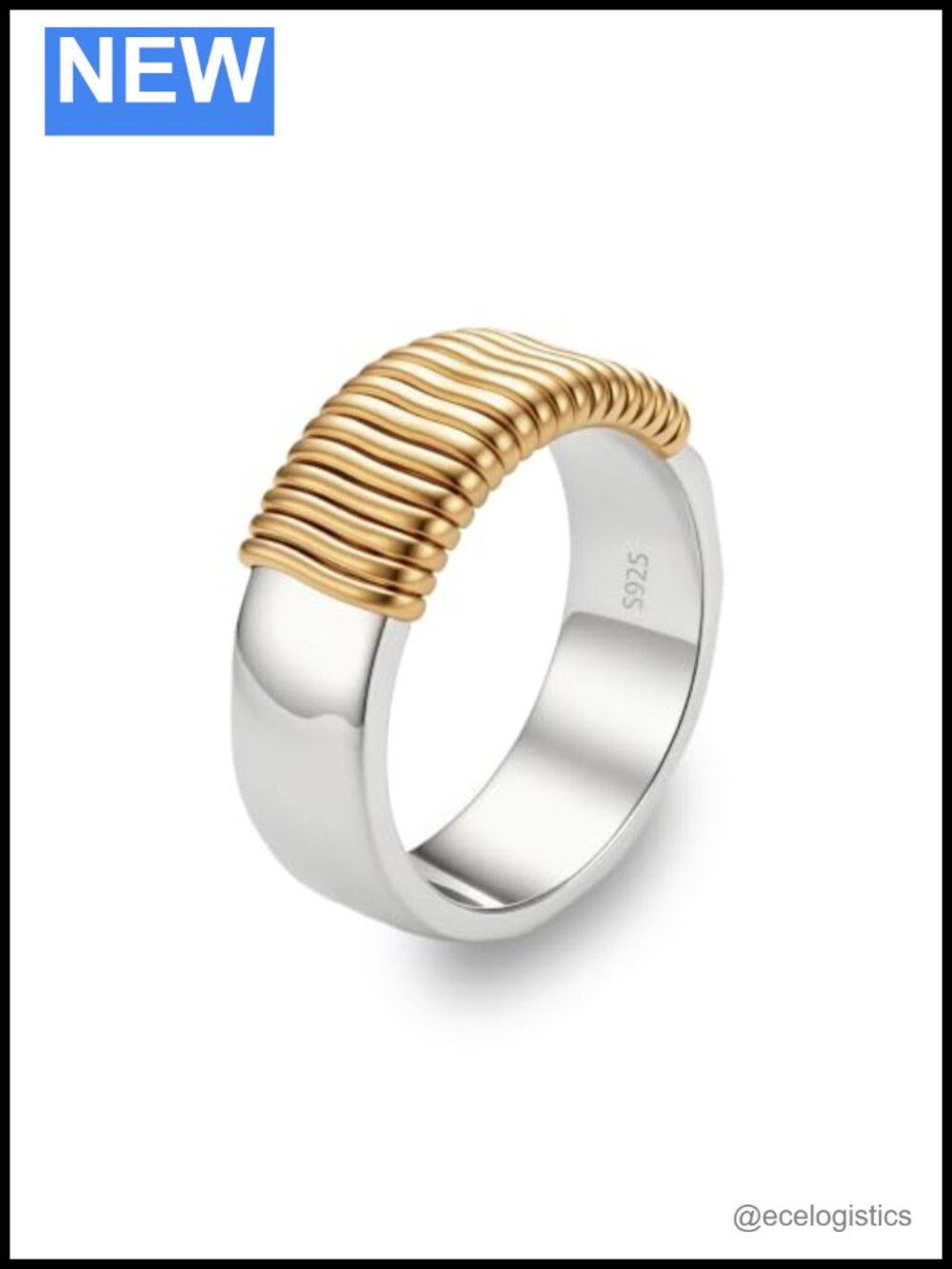 925 Sterling Silver Two-Tone Wide Ring Vintage Band Hammered Stackable